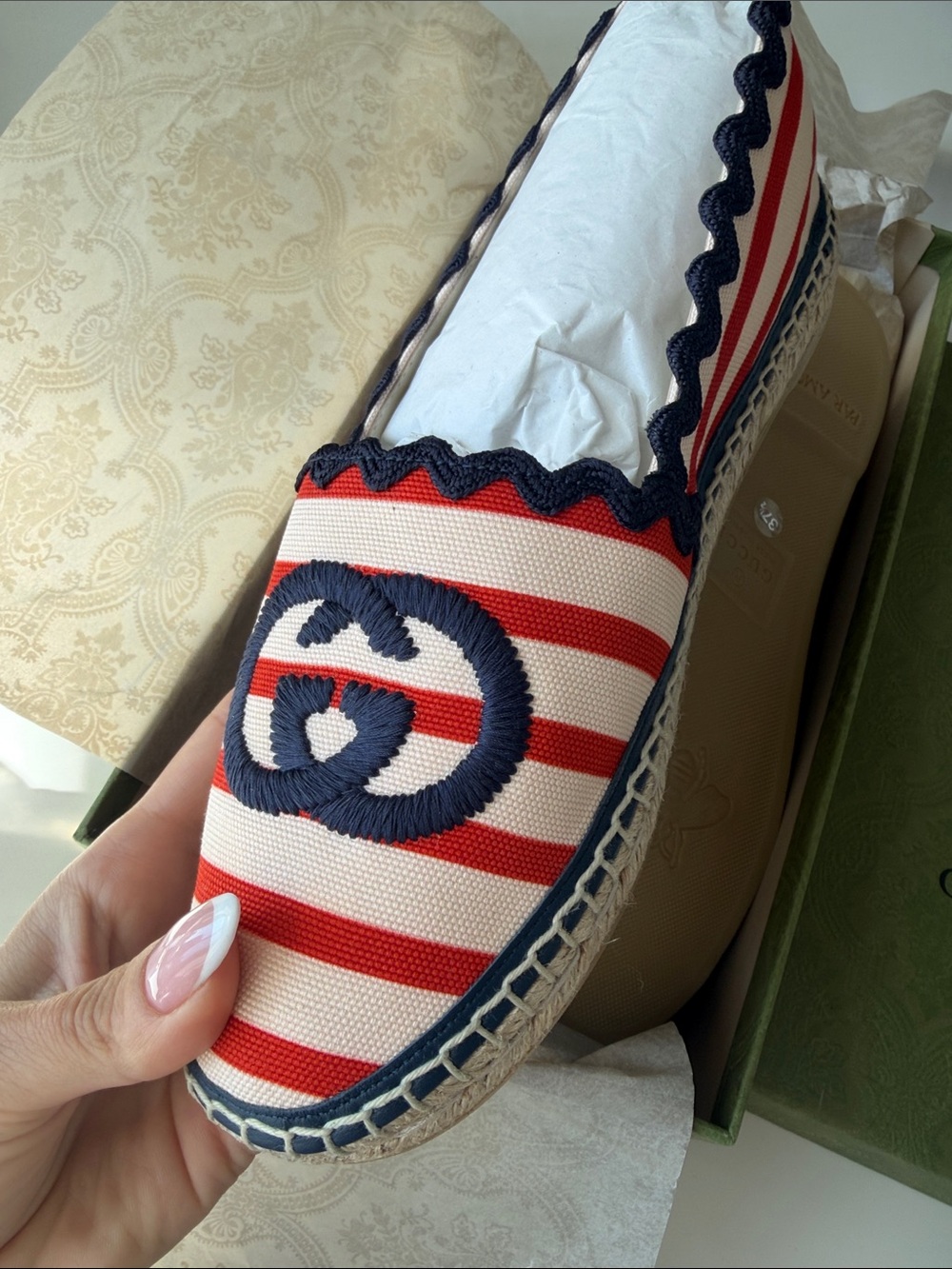 Gucci Red, White & Navy Striped Espadrilles with Navy GG - Picture 2 of 3